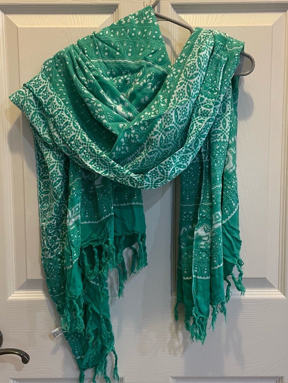 Oversized Teal and White Elephant Pattern Scarf or Sarong
